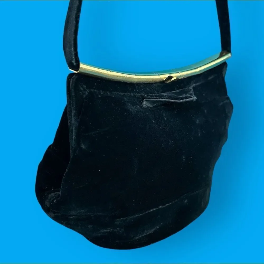 Vintage Velvet Handbag Black Silk Gold Pentagon Box Purse Art Deco